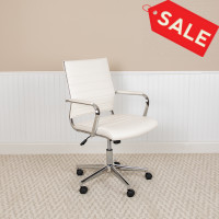 Flash Furniture BT-20595M-1-WH-GG Mid-Back White LeatherSoft Contemporary Ribbed Executive Swivel Office Chair